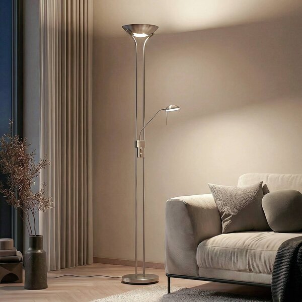Lindby LED állólámpa Josefin, nikkel, olvasólámpa, dimmelhető, dimmelhető, Alu / szürke / cink, Nappali / Étkező, fém, Modern