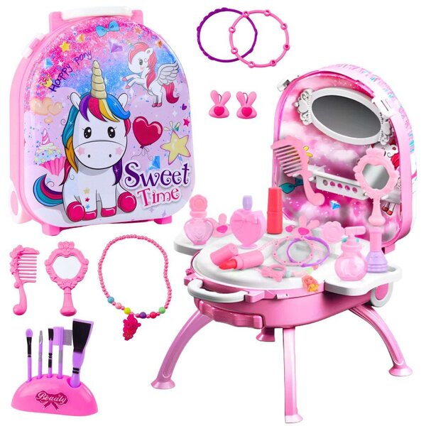 Lean Toys Szépségápolási Szett, Fésülködőasztal, Bőröndben, 2 Az 1-Ben, Kiegészítők, Unikornis, Rózsaszín