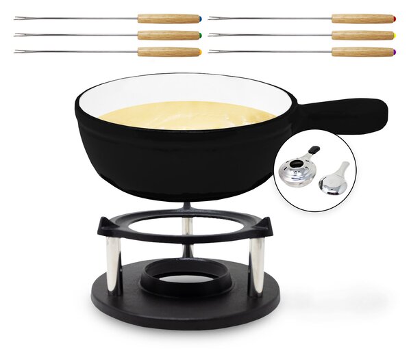 Klarstein Holsten, fondue készlet, edény, melegítő, égő, 6 villa, 1,5 L, öntöttvas
