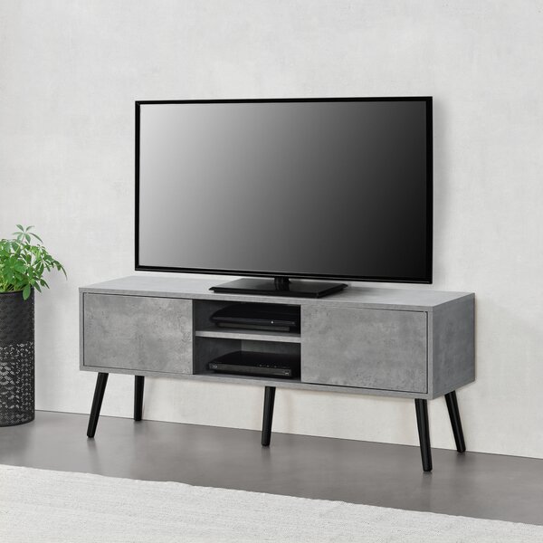TV-állvány Eskilstuna 120 x 29,5 x 46,5 cm TV-szekrény polccal tévéasztal ajtóval forgácslap tömör fa lábakkal beton-hatású/fekete