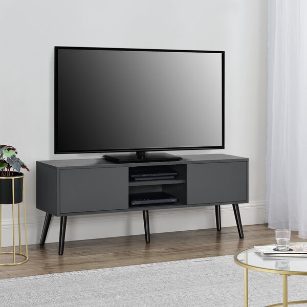 TV-állvány Eskilstuna 120 x 29,5 x 46,5 cm TV-szekrény polccal tévéasztal ajtóval forgácslap tömör fa lábakkal sötétszürke/ fekete