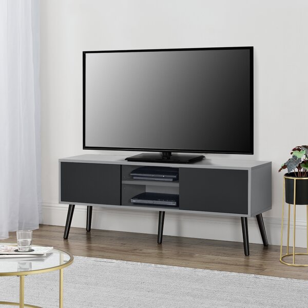 TV-állvány Eskilstuna HS 120 x 29,5 x 46,5 cm TV-szekrény polccal tévéasztal ajtóval forgácslap tömör fa lábakkal világosszürke/fekete