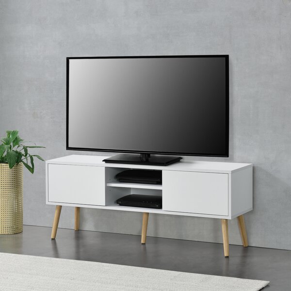 TV-állvány Eskilstuna Weib 120 x 29,5 x 46,5 cm TV-szekrény polccal tévéasztal ajtóval forgácslap tömör fa lábakkal fehér