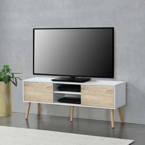 TV-állvány Eskilstuna WE 120 x 29,5 x 46,5 cm TV-szekrény polccal tévéasztal ajtóval forgácslap tömör fa lábakkal fehér/tölgyfa-hatású