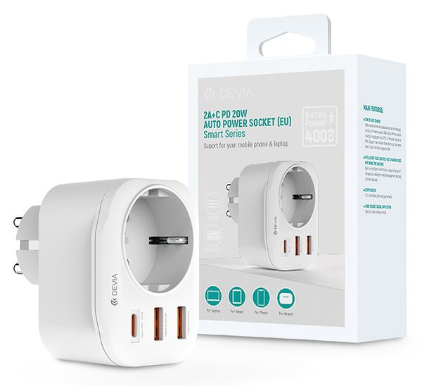 Devia hálózati csatlakozóaljzat 2xUSB-A + Type-C PD kimenettel - Devia Smart Series 2A+C PD 20W Auto Power Socket - fehér