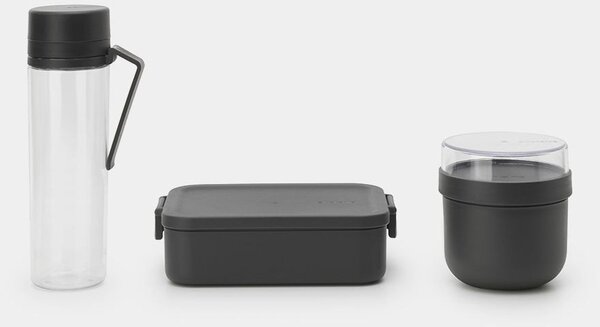 Brabantia Make & Take Breakfast and Lunch Set 3db-os szett, vizes palack + reggeliző tál + közepes méretű ételhordozó doboz, BPA mentes műanyag, sötétszürke - 206740