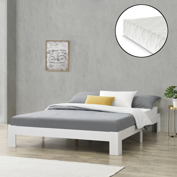 Fa ágykeret Raisio 180 x 200 cm dupla ágy 200 Kg fenyőfa/forgácslap matt fehér ágyráccsal és matraccal