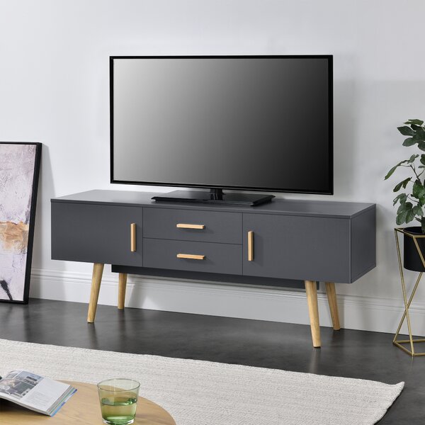 TV-állvány 140 x 40 x 56 cm TV-szekrény 2 szekrényajtóval és 2 fiókkal fa tartólábakkal komód forgácslap sötétszürke