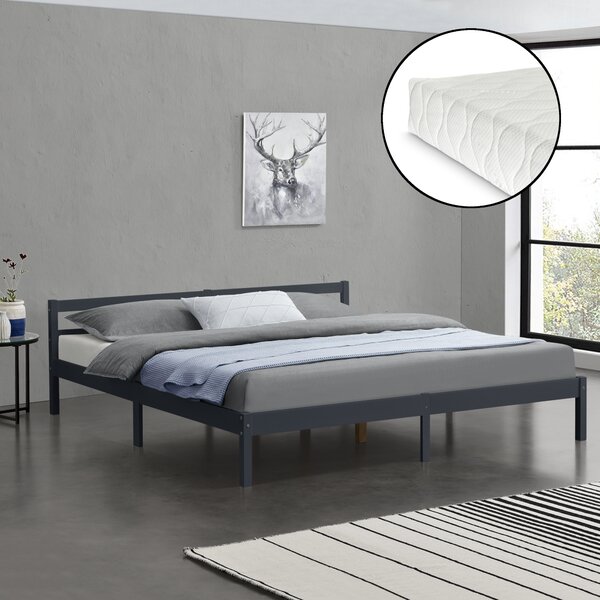 Ágykeret Nakkila ágyráccsal és matraccal fenyőfa 180x200 cm duplaágy egyszerű faágy fejtámlával matt sötétszürke