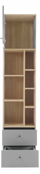 Könyvespolc Ciravie 102, Ajtókkal, Nyitott, Fiókokkal, Laminált forgácslap, 195x45x40cm, Tölgy, Szürke