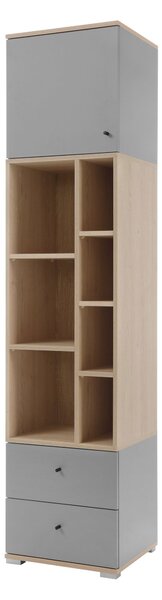 Könyvespolc Ciravie 102, Ajtókkal, Nyitott, Fiókokkal, Laminált forgácslap, 195x45x40cm, Tölgy, Szürke