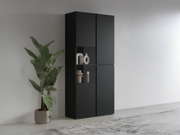 Könyvespolc Alfere 110, Zárt, Ajtókkal, Üveg, Laminált forgácslap, 183x79x40cm, Fekete