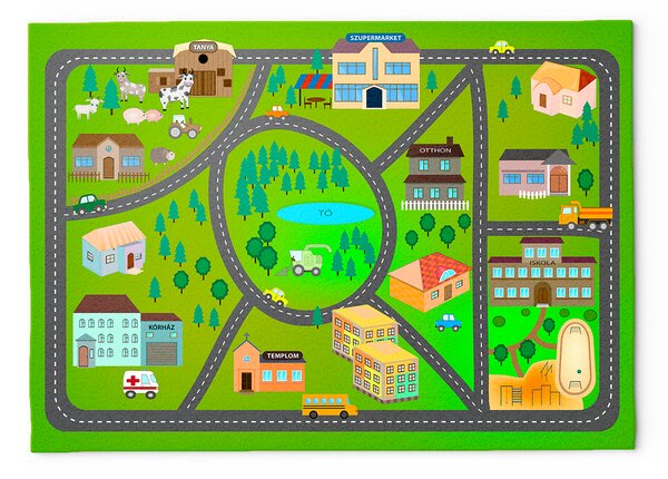 Gyerek farm, autópályás játszószőnyeg, gyerekszőnyeg magyar feliratokkal 130x180 cm (HU-FARM-1)