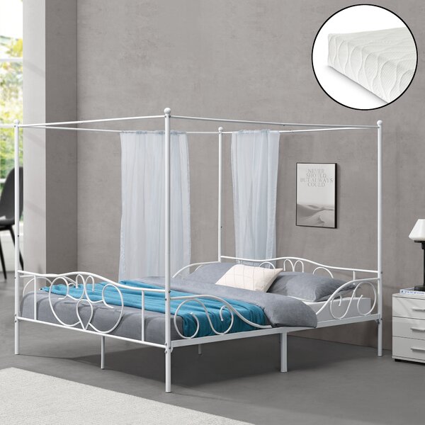 Baldachinos ágy hideghabos matraccal Finström 180 x 200 cm acél kétszemélyes ágy matt fehér