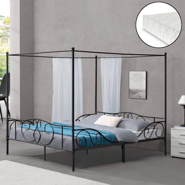Baldachinos ágy hideghabos matraccal Finström 180 x 200 cm acél kétszemélyes ágy matt fekete