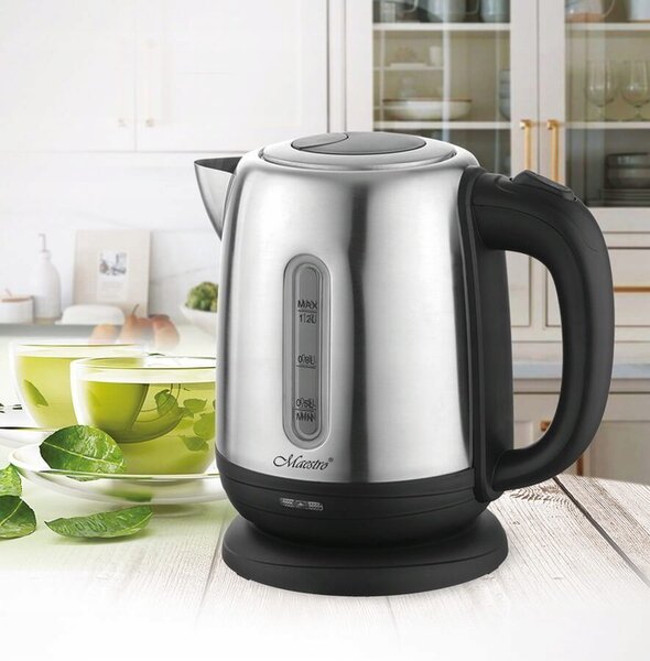 Maestro MR-027 Elektromos Vízforraló 1,2L 1630W Rozsdamentes Acél Fekete/Ezüst
