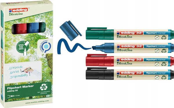 Edding 4-32-4 Flipchart jelölő 32 EcoLine Ék alakú hegy 1 - 5 mm Fekete, Piros, Kék, Zöld 4 db