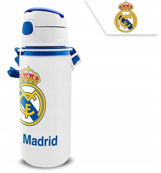 Real Madrid Emblem Alumínium Szívószálas Kulacs Akasztóval 600 ml