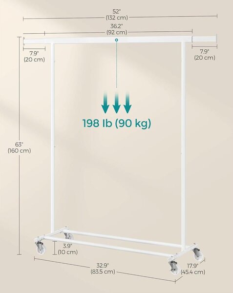 SONGMICS ruhaállvány kerekeken, max teherbírás 90kg, fehér