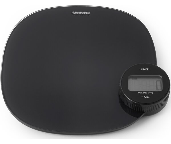 BRABANTIA Tasty+ Measure & Check digitális konyhai mérleg plus. dinamóval tölthető. 5kg teherbírás. 1g pontosság. LCD kijelző. műanyag test. üveg fedlap. sötétszürke - 122880