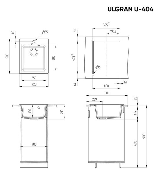 Ulgran U-404-341 Gránit Mosogatótálca - Egymedencés, Négyzet, Tejfehér