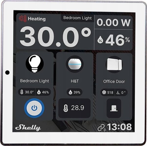 SHELLY Wall Display Wi-Fi+Bluetooth villanykapcsoló + színes érintőképernyős vezérlőpanel (fehér) + Shely BLU H&T hőmérséklet és pára érzékelő