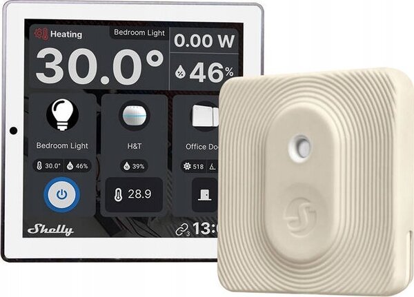 SHELLY Wall Display Wi-Fi+Bluetooth villanykapcsoló + színes érintőképernyős vezérlőpanel (fehér) + Shely BLU H&T hőmérséklet és pára érzékelő