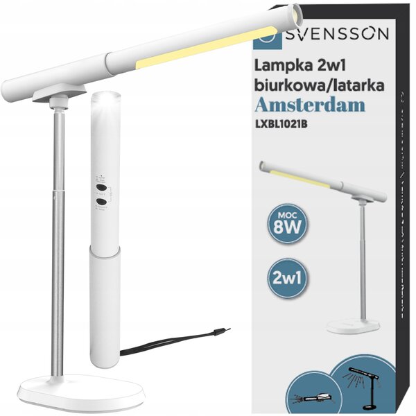 Lampka SVENSSON Light 2w1 biurkowa/latarka (odpinana) 8W, USB-C biała, model Amsterdam