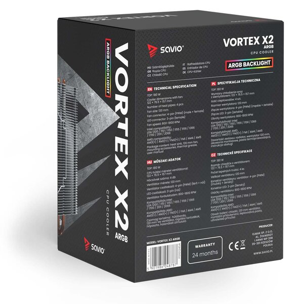 Savio Vortex X2 ARGB Processzor Hűtő RGB Világítással