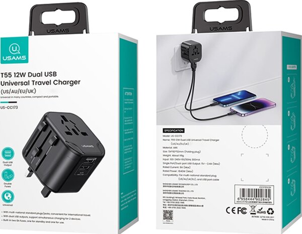 UTAZÓ TÖLTŐ 2 USB ALJZAT 12W, EU, UK, US, AU