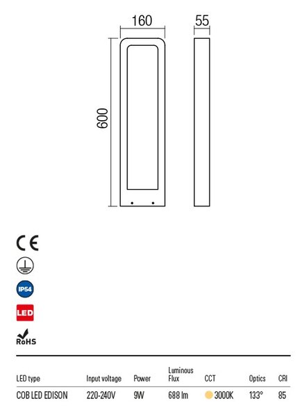 HIRO kültéri LED állólámpa antracit IP54 9W/3000K