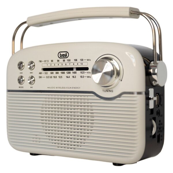 Trevi RA 7F50 BT Hordozható vintage napelemes rádió, Bluetooth-tal, USB és SD kártya bemenettel krémfehér színben (0RA7F50001-F)