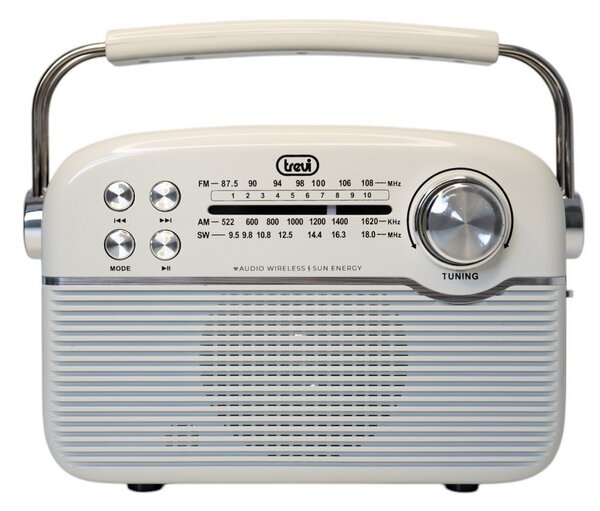 Trevi RA 7F50 BT Hordozható vintage napelemes rádió, Bluetooth-tal, USB és SD kártya bemenettel krémfehér színben (0RA7F50001-F)