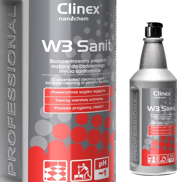 Tekoči koncentrat za čiščenje ploščic, tal, sten v sanitarnih prostorih in kopalnicah CLINEX W3 Sanit 1L