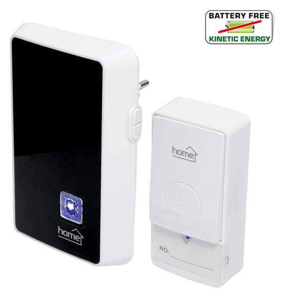 Home vezeték nélküli csengő, elem nélküli, 100m hatótáv, 20 dallam, 3-fokozatú hangerő, kék LED, kinetikus nyomógomb, 230V-os tápellátás (DBK1010AC)