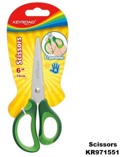 Keyroad Olló, 15 cm, hegyes, 1 db/bliszter, Soft Grip, vegyes színek (KR971551)