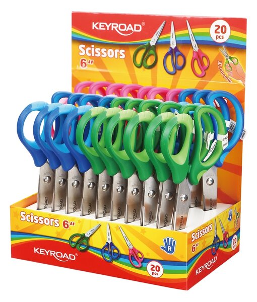 Keyroad Olló, 15 cm, hegyes, 20 db/display, Soft Grip, vegyes színek (KR971552)