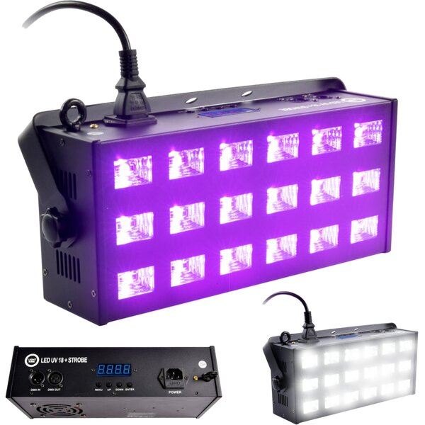 LIGHT4ME LED UV 18x3W reflektor + stroboskop DMX