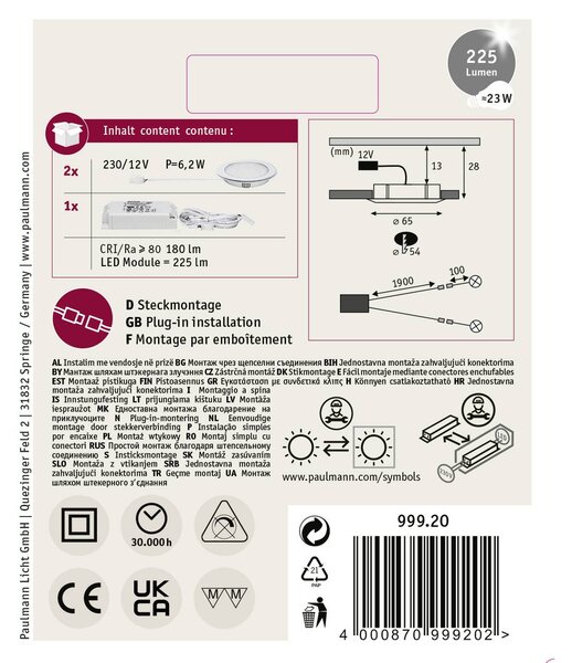 Paulmann LED-es beépíthető lámpa, 2 részes készlet, 5 W, melegfehér, króm, (99920)