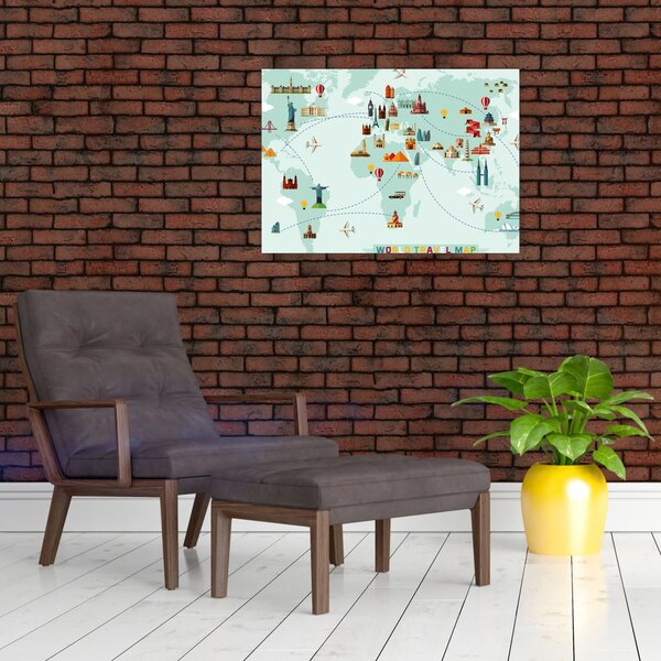 Kép - Térkép műemlékek piktogramjaival (üvegen) (70x50 cm)