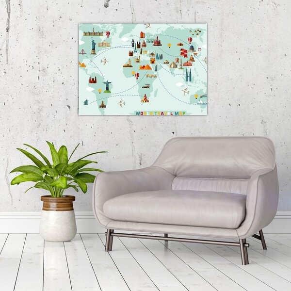 Kép - Térkép műemlékek piktogramjaival (üvegen) (70x50 cm)