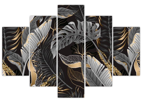 Kép - Trópusi levelek fekete és arany színben (150x105 cm)