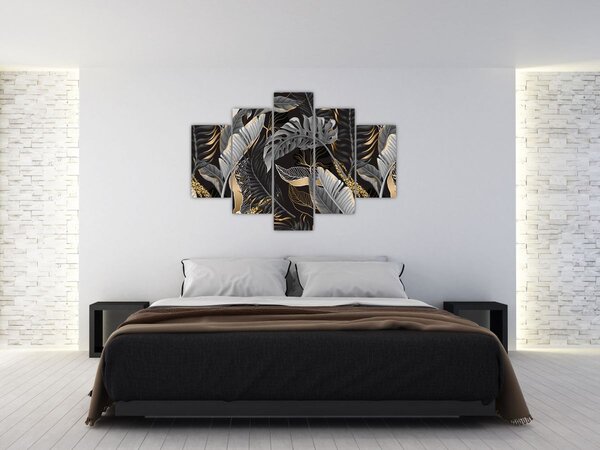 Kép - Trópusi levelek fekete és arany színben (150x105 cm)