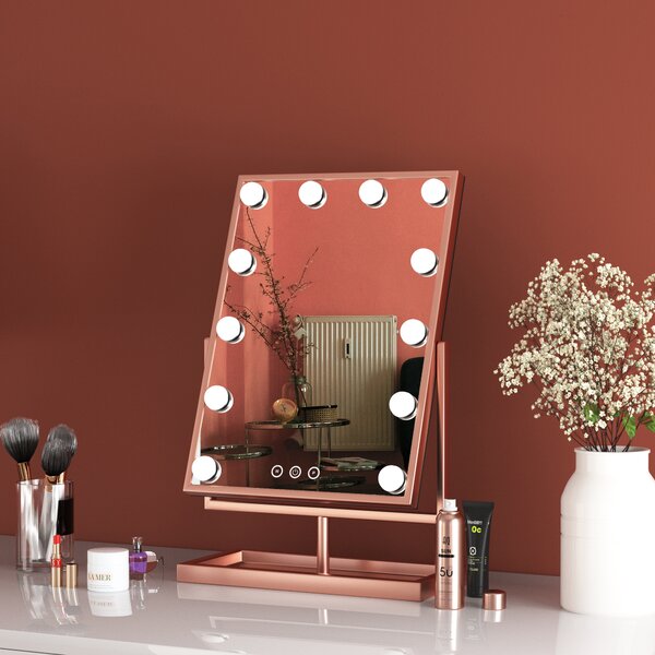 Hollywood tükör, asztali sminkes tükör tárolóval, 12x3W LED sminktükör, rozéarany, rose gold (DC117-4)