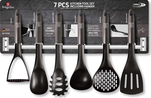 BerlingerHaus BH/6330 Metallic Line Carbon Edition 7 Részes Konyhai Eszköz Készlet Rozsdamentes Acél Akasztóval - Sötét Szürke