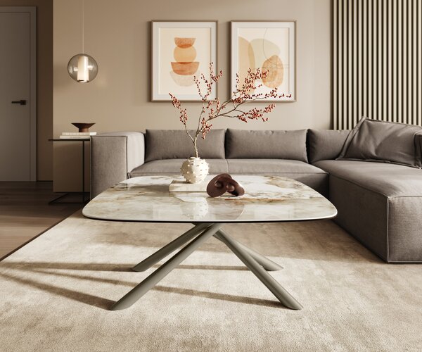 DELIFE Dohányzóasztal Edge hajóformájú 90x90 cm kerámia Minas Melange Sarity fém titán effektfinish
