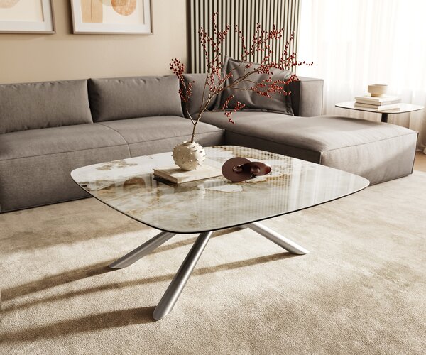 DELIFE Dohányzóasztal Edge hajóformájú 90x90 cm kerámia Minas Melange Sarity rozsdamentes acél szálcsiszolt