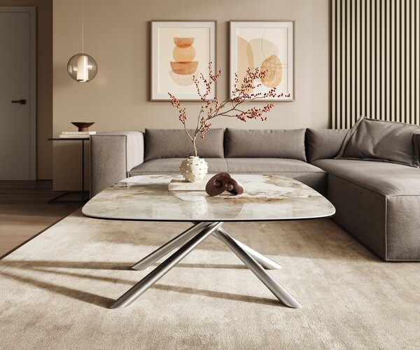 DELIFE Dohányzóasztal Edge hajóformájú 90x90 cm kerámia Minas Melange Sarity rozsdamentes acél szálcsiszolt