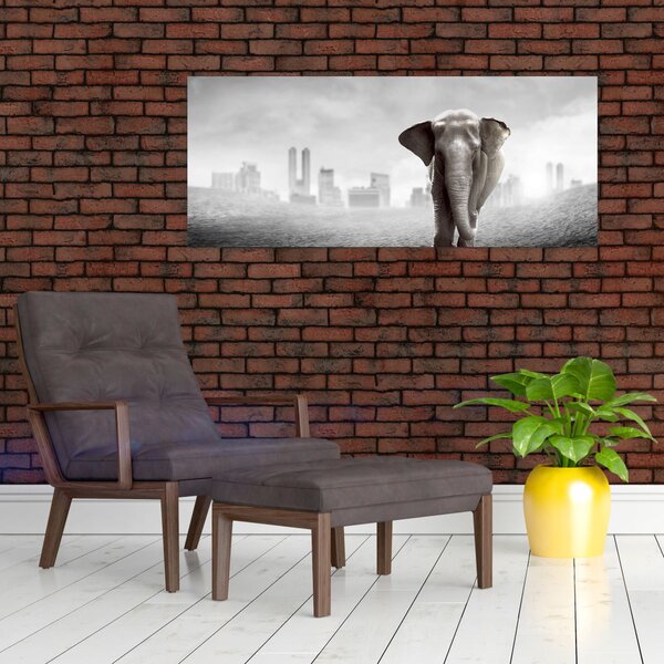 Kép -Elefánt egy nagyvárosban, fekete-fehér változat (120x50 cm)