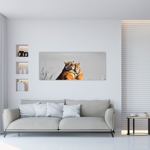 Kép - Tigris és a kölyke, fekete-fehér változat (120x50 cm)